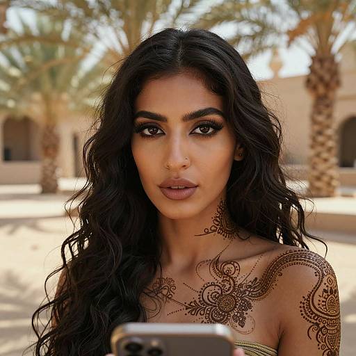 Photorealistic portrait of a dark-haired woman with intricate henna tattoos on her chest, large dark eyes, and full lips, standing in a sun