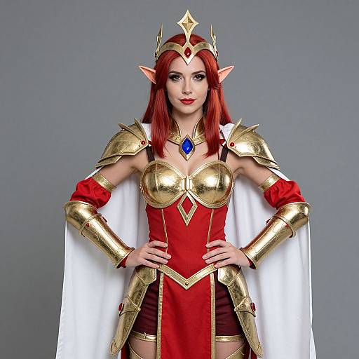 Digital art of a red-haired elf woman in gold armor, red and white regal dress, white cape, blue gemstone necklace, and crown,