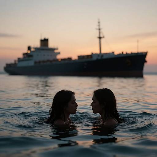 Photograph of two women with wet, dark hair, facing each other in calm water at sunset, with a large ship silhouette in the background.