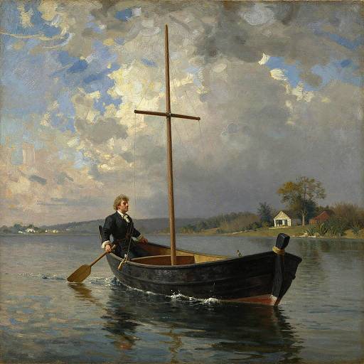 Oil painting of a solitary man in a dark wooden boat with a tall mast, rowing on a reflective lake under a cloudy sky. Small house in