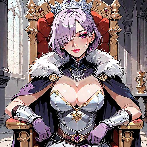 Digital anime-style drawing of a white-haired queen with purple eyes, wearing a silver crown, fur-trimmed black cape, and revealing armor, seated
