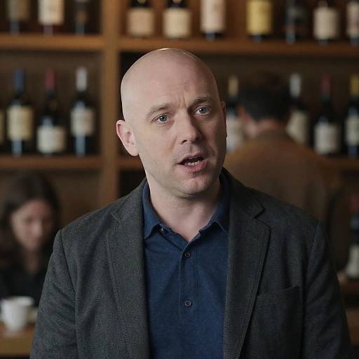 Bald Man Speaking in Cozy Bar