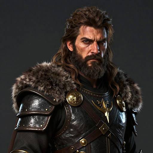 Photograph of a rugged, bearded man with long dark hair, wearing black leather armor with fur trim and gold accents, against a dark background,