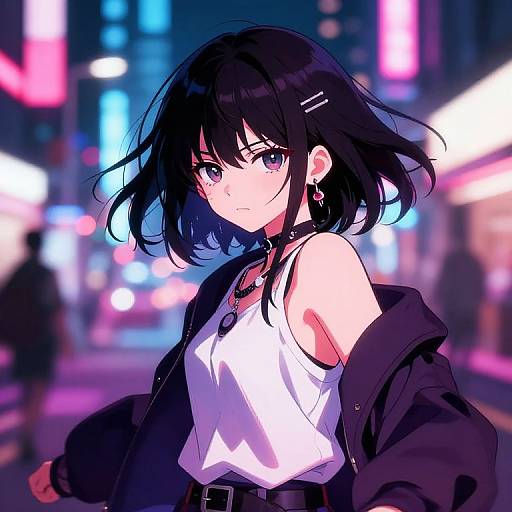 Anime-style digital artwork of a black-haired girl with purple eyes, wearing a white tank top, black jacket, and necklace, standing in a neon-l