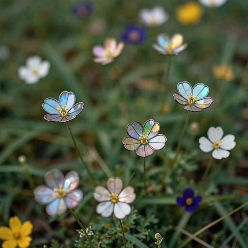 Photograph of delicate, transparent flowers with iridescent petals, reflecting light, surrounded by blurred green foliage and colorful blooms in the background.