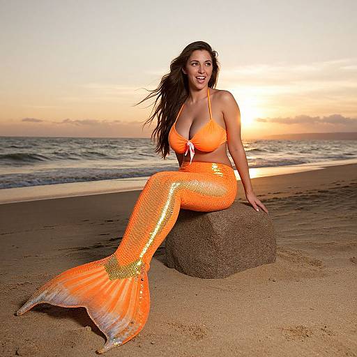 Photograph of a smiling, curvy woman with long brown hair, wearing an orange mermaid tail and bikini top, sitting on a sandstone rock