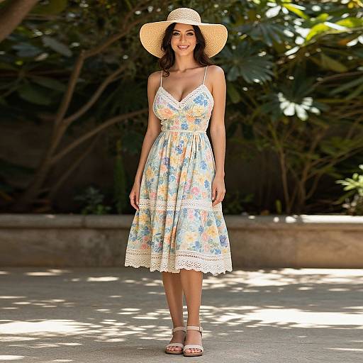 Photograph of a smiling woman in a floral sundress, white lace trim, and wide-brimmed straw hat, standing outdoors on a sunlit