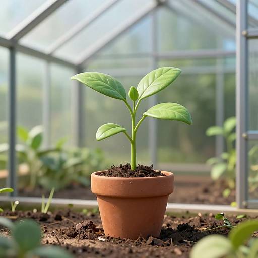 Photograph of a young green plant in a small terracotta pot, growing in a sunny greenhouse with blurred greenery background.