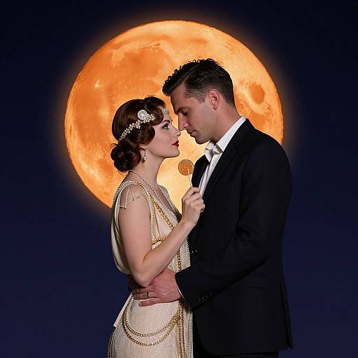Photograph of a vintage couple in front of a large, glowing orange full moon. She wears a beaded, ivory dress; he wears a black