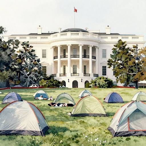 Digital illustration of a white neoclassical presidential mansion with numerous colorful tents set up in a grassy lawn foreground.