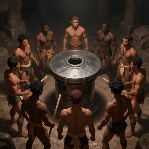 Muscular Men Surrounding Mysterious Machine