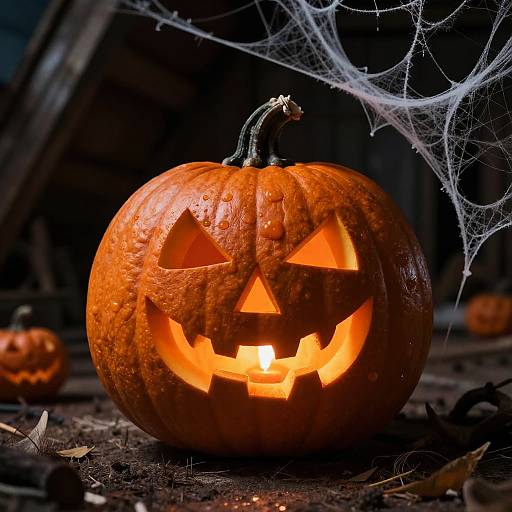 Photograph of a glowing, carved jack-o'-lantern with triangular eyes, triangle nose, and jagged teeth, surrounded by spiderweb and dark