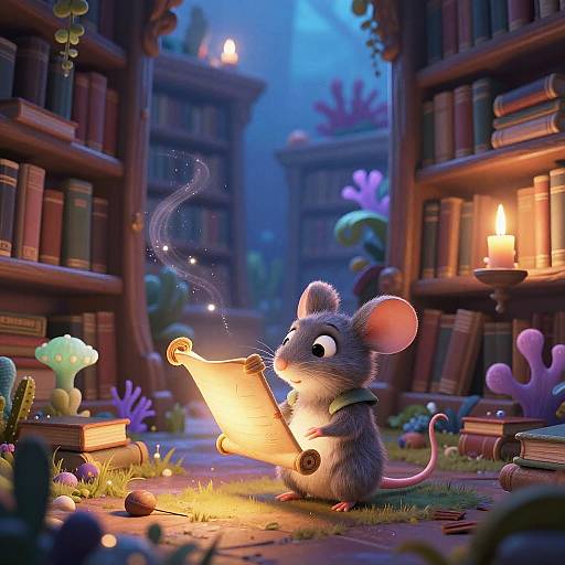 Pixar-Style Mouse in Magical Library