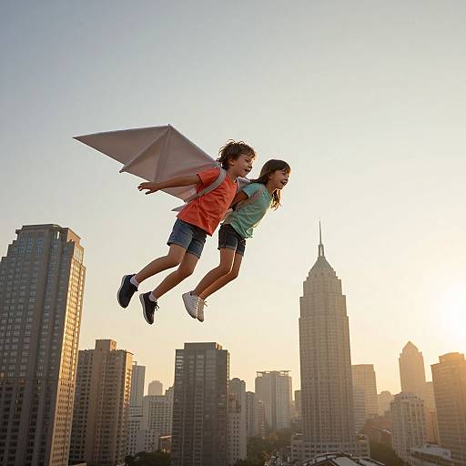 Photograph of two children, one in orange shirt and denim shorts, other in green shirt and shorts, flying a paper kite, against a cityscape