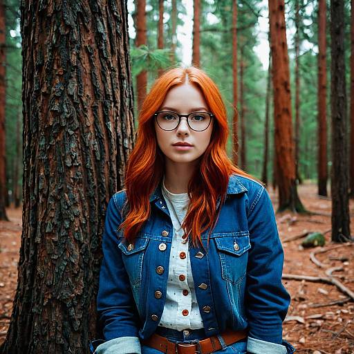 Red-haired Woman in Denim Jacket in Forest