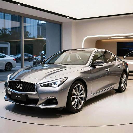 Photograph of a sleek, silver Hyundai Veloster displayed in a modern showroom with bright lighting, large windows, and urban cityscape reflections.
