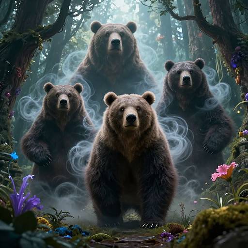 Digital artwork of four massive, mystical brown bears standing in a misty, enchanted forest, surrounded by glowing flowers and smoke.