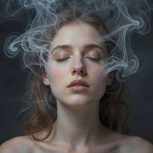 Photograph of a young woman with closed eyes, smoke swirling around her head, against a dark background, showcasing ethereal beauty.