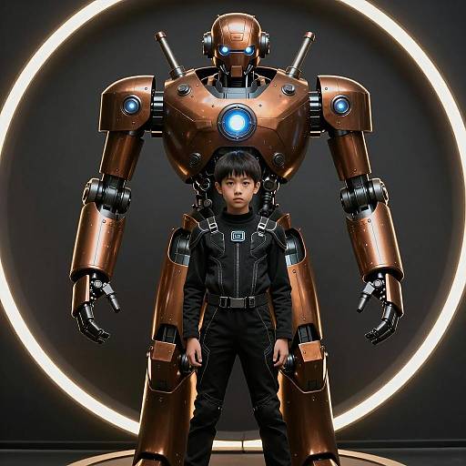 Futuristic Boy and Robot Encounter