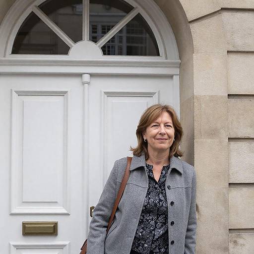Smiling Woman in Gray Jacket by Doorway
