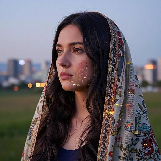 Photograph of a young woman with long dark hair, wearing a detailed, colorful veil, standing outdoors at twilight, cityscape blurred in background.