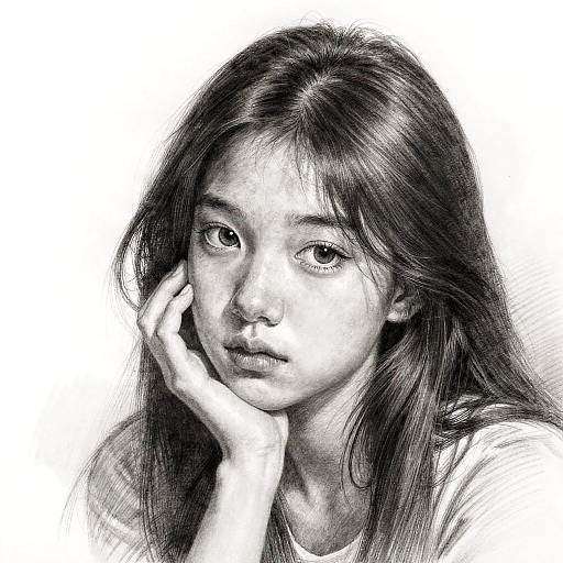 Black-and-white digital sketch of a young woman with long, slightly messy hair, resting her hand on her cheek, looking introspective. Detailed shading highlights