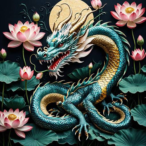 Elegant Chinese Dragon with Lotus Flowers