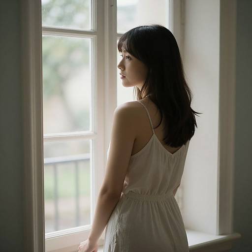 Photograph of a young Asian woman with straight black hair, wearing a white spaghetti-strap dress, standing by a sunlit window.
