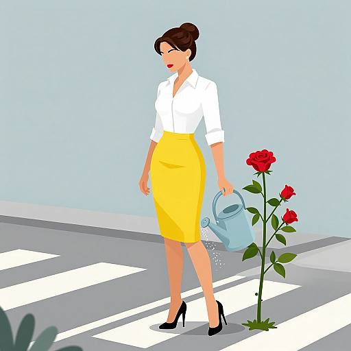 Woman Watering Rose Bush at Crossroads