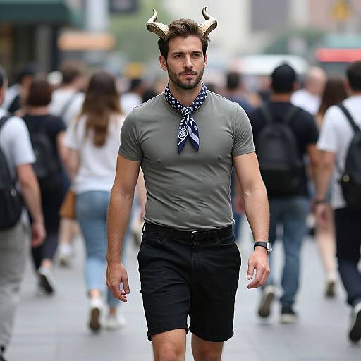Photograph of a muscular man with brown hair, horn headband, gray shirt, black shorts, and blue bandana, walking in a busy urban