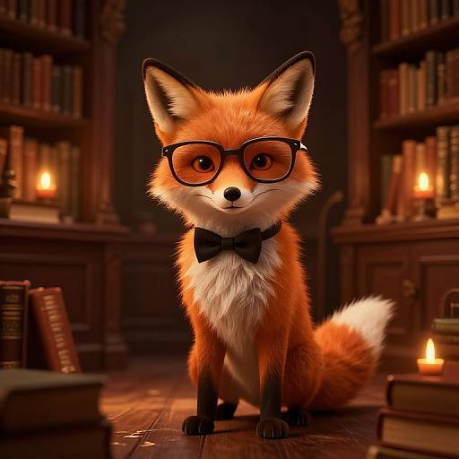 Cute CGI fox with orange fur, black bowtie, and oversized glasses, standing in a dimly lit, book-filled library with candles.