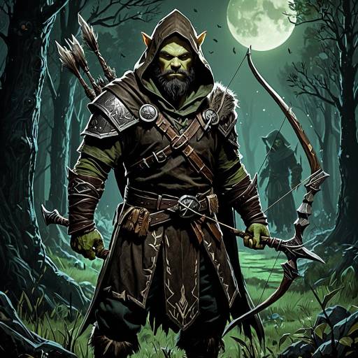 Half-Orc Hunter with Bow in Moonlit Forest