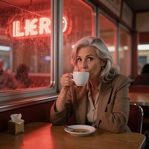 Photograph of an older woman with silver hair, wearing a brown blazer, sipping coffee in a dimly lit diner with red neon 