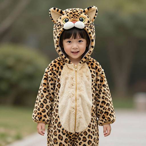 Photograph of a smiling young child wearing a leopard-print onesie with cat ears and nose, standing outdoors on a blurred pathway.