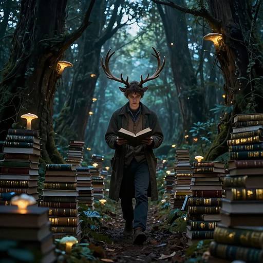 Photograph of a man with deer antlers, wearing a dark coat, reading a book in a mystical forest lit by glowing mushrooms and stacked books.