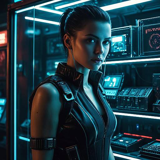 Cyberpunk Woman in Futuristic Display Room