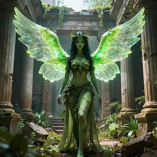 Ethereal Green-Winged Woman in Ruins