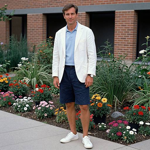 Photograph of a middle-aged man with short brown hair, wearing a white blazer, light blue shirt, dark shorts, and white sneakers, standing
