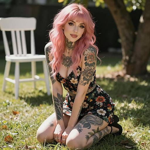 Tattooed Woman in Floral Dress