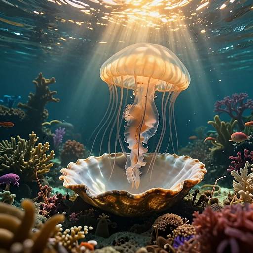 Photograph of a glowing, orange jellyfish with translucent tentacles hovering above a shell-shaped coral reef, bathed in sunlight beneath the ocean's surface