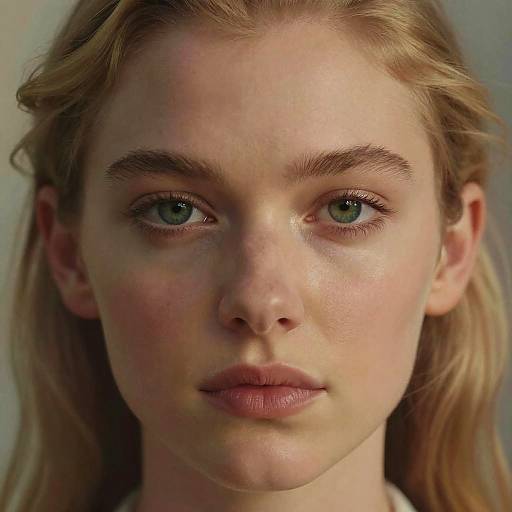Photorealistic close-up of a young woman with fair skin, blue eyes, blonde hair, and subtle makeup, showing an intense, neutral expression.