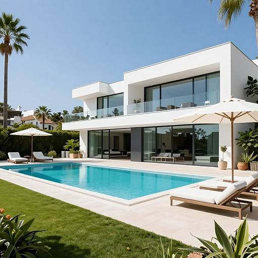 Modern white two-story house with large glass windows, rectangular blue pool, white lounge chairs, and palm trees in a sunny backyard.