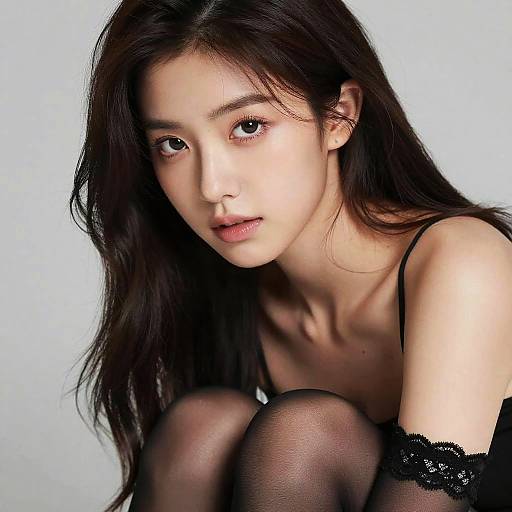 Photograph of an Asian woman with long, dark hair, wearing black lace top and stockings, seated against a plain light gray background. She gazes