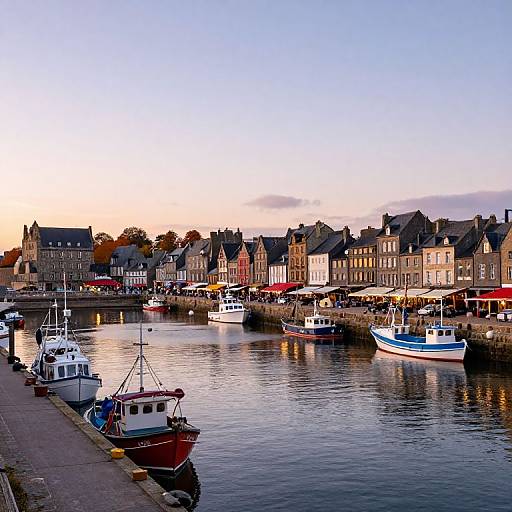 Photograph of a quaint harbor at sunset, featuring colorful, historic buildings, moored boats, and calm water reflecting the sky's warm hues.