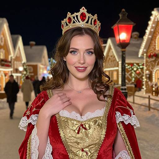 Photograph of a fair-skinned woman with blue eyes, brown curls, wearing a red velvet gown with gold embroidery, white lace trim, and a