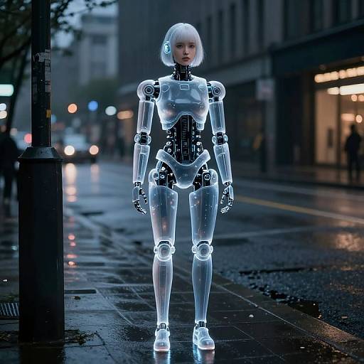 Photorealistic CGI of a glowing white robotic woman with a bob haircut standing on a rainy, illuminated city street.