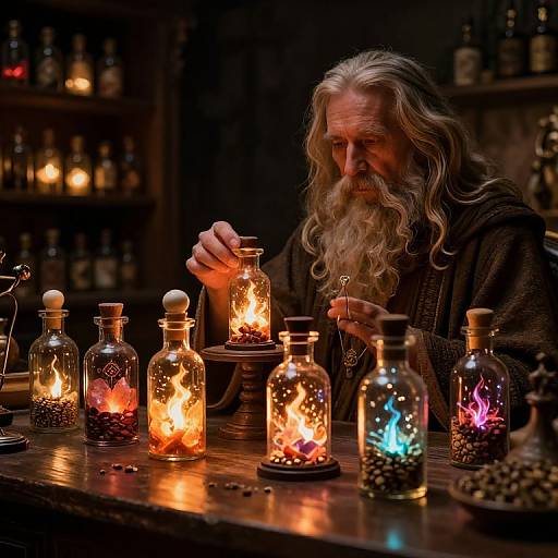 Photograph of an elderly bearded man with long gray hair, wearing a dark robe, lighting magical glass bottles with glowing flames and colored lights on a
