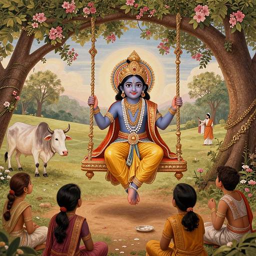 Digital artwork of blue-skinned Hindu deity Krishna, sitting on a golden swing, surrounded by four girls, a cow, and a forest background with blo