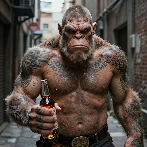 Tattooed Wand Ogre Holding Rum Bottle in Alleyway