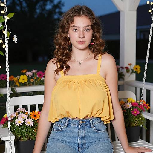 Photograph of a young woman with wavy brown hair, wearing a yellow sleeveless top and high-waisted blue jeans, sitting on a white